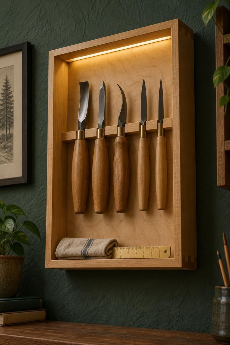 13 Cozy Man Cave Ideas for Warm, Personal Retreats 8 An oiled birch shadow box with a small blade rack, wooden handled tools, brass ruler, and folded linen cloth mounted on a deep green wall.