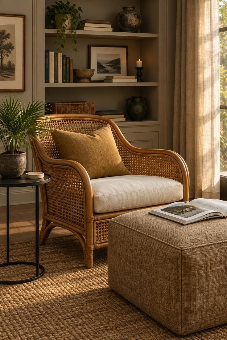 13 Cozy Man Cave Ideas for Warm, Personal Retreats 9 A rattan lounge chair with a cream cushion and ochre linen pillow beside a burlap ottoman, with a black metal side table holding a potted palm.