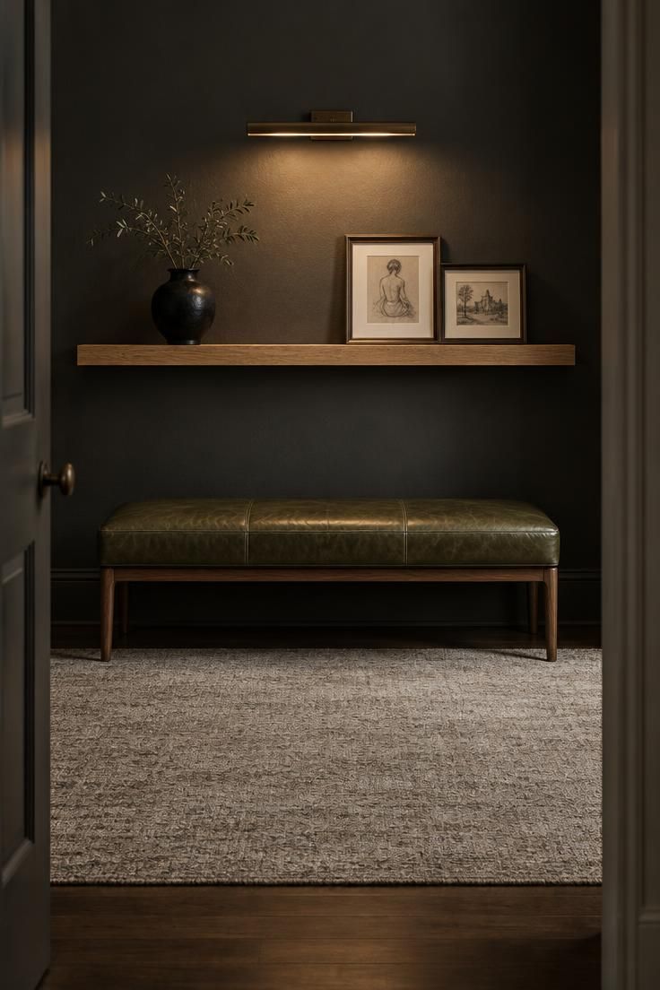 13 Cozy Man Cave Ideas for Warm, Personal Retreats 10 A charcoal gray wall with a low olive leather bench under a long oak floating shelf holding a vase and two framed sketches.