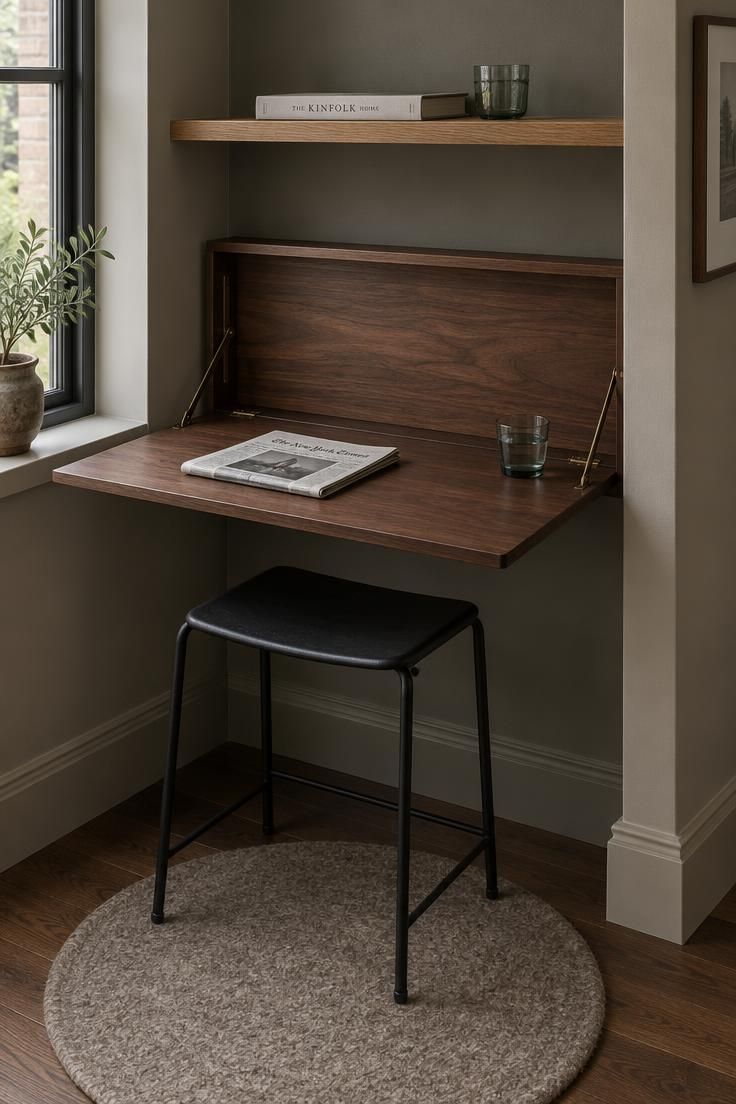 13 Cozy Man Cave Ideas for Warm, Personal Retreats 11 A compact alcove with a dark walnut fold-down desk in the lowered position, a slim black stool, a small round wool rug, and one floating oak shelf.