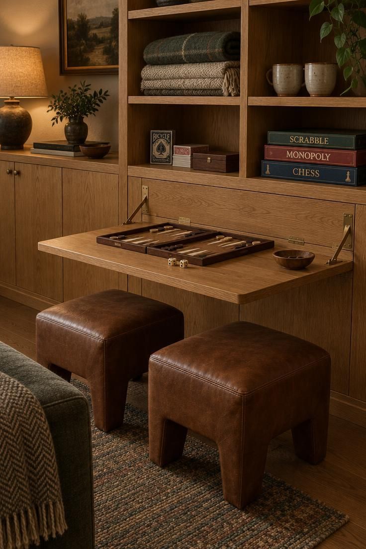 13 Cozy Man Cave Ideas for Warm, Personal Retreats 12 A low oak storage wall with open cubbies and a hinged game table folded down above two tobacco leather stools.