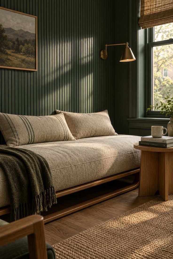 13 Cozy Man Cave Ideas for Warm, Personal Retreats 13 A compact home lounge with one forest green fluted wood panel wall, a low oat-colored wool daybed, and a matte brass reading sconce beside a window.