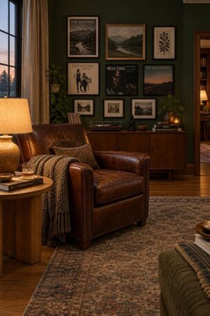 A warm home retreat with a tobacco leather club chair, a lamp-lit oak table, a wall of framed prints and records above a credenza, a faded wool rug, and a forest green accent wall.