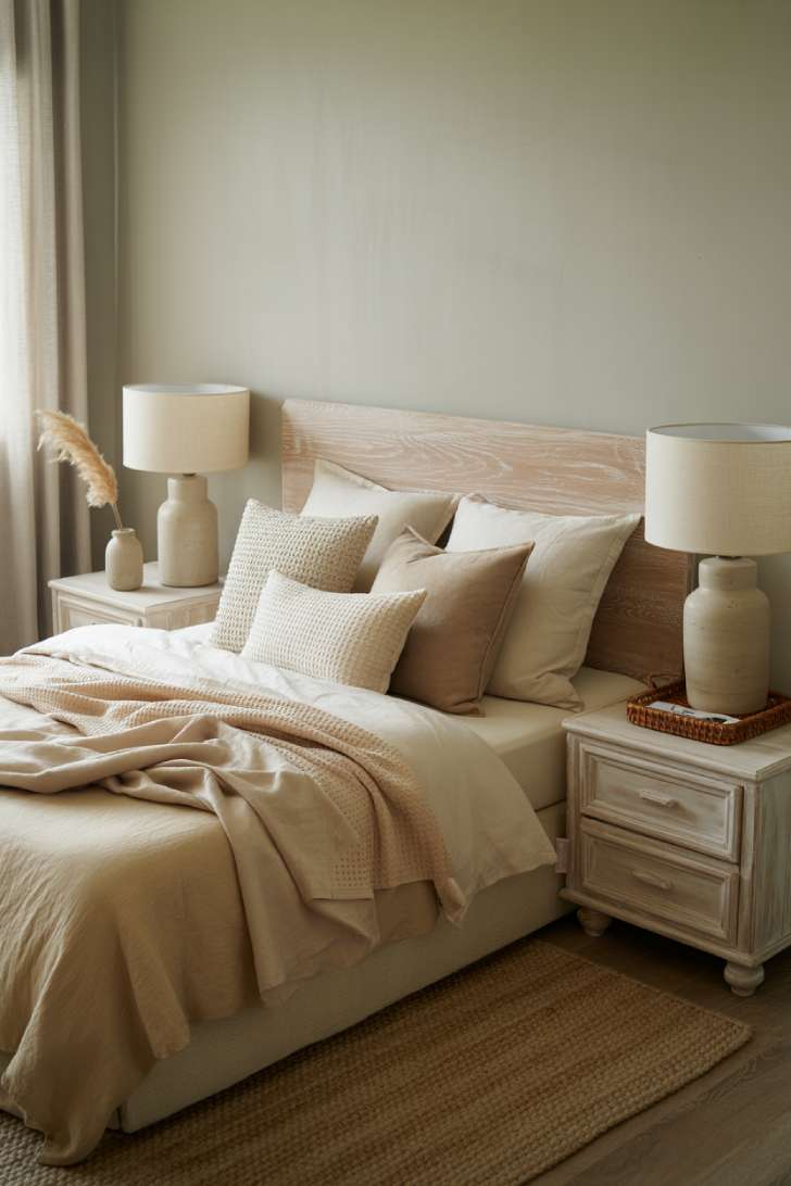 A serene primary bedroom with a platform bed in layered ivory and oatmeal bedding, a weathered oak headboard, and soft morning light through sheer linen curtains