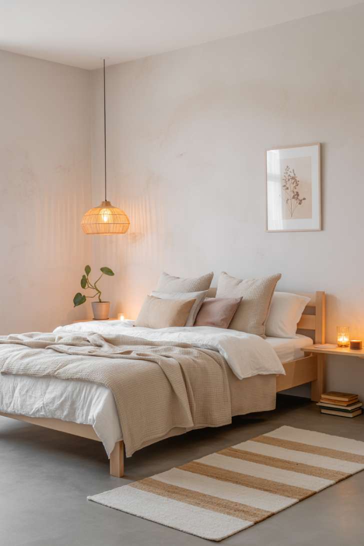 A minimalist Scandinavian bedroom with pale birch bed frame, layered white linen bedding, a trailing pothos plant, and a woven rattan pendant light