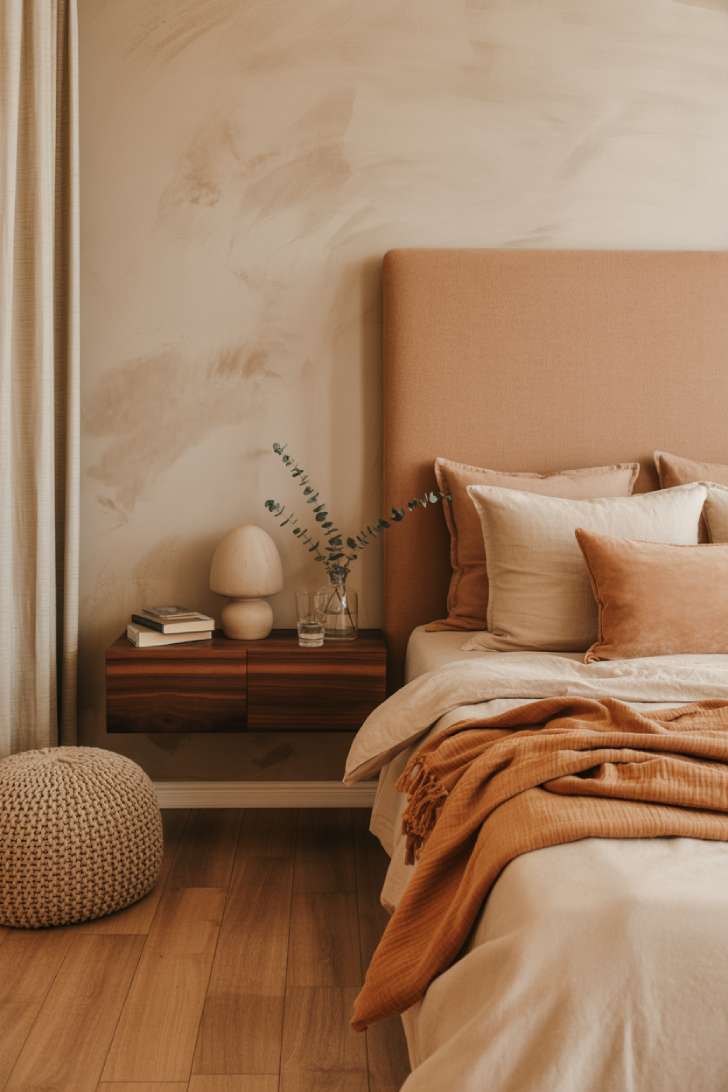 A richly textured bedroom with a camel upholstered headboard, warm limewash plaster walls, dark walnut floating nightstands, and a clay and terracotta color palette