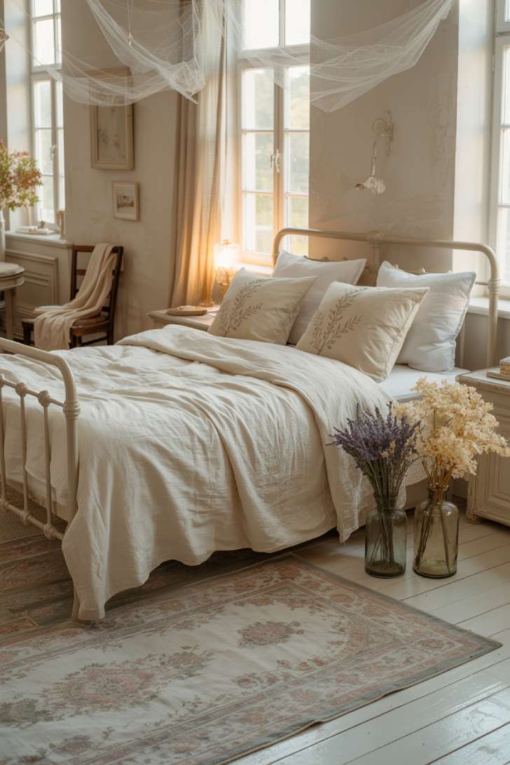 A romantic bedroom with an iron bed frame in matte warm white, an embroidered ivory duvet, a faded Persian-style rug, and golden afternoon light through linen curtains