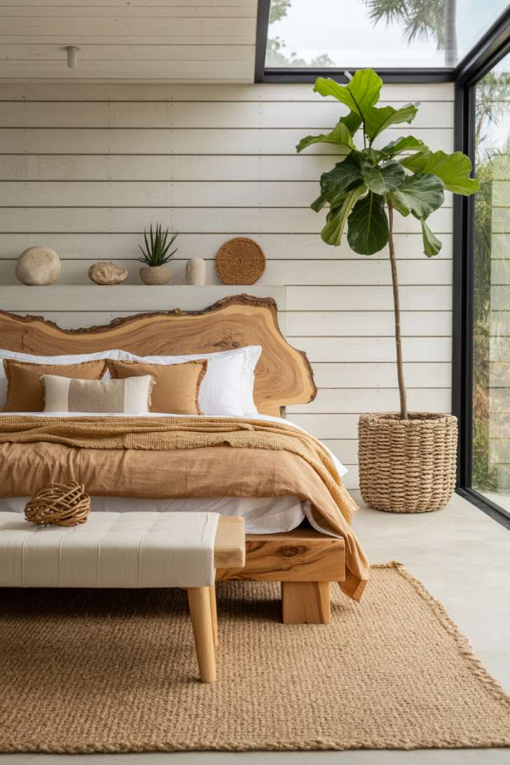 A biophilic bedroom with a live-edge wood bed frame, white-washed wood panel walls, undyed cotton bedding, a fiddle leaf fig, and natural sisal herringbone rug