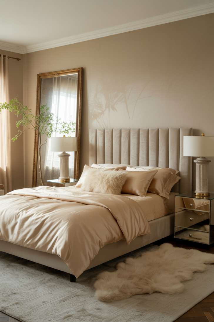 A Hollywood Regency-influenced bedroom with a channeled greige velvet headboard, champagne satin duvet, mirrored nightstands, and an aged brass statement mirror
