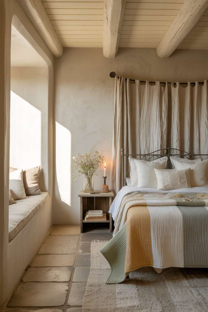 A cottage-style bedroom with exposed pale oak ceiling beams, a wrought iron canopy bed with muslin drapes, a patchwork quilt, and late afternoon light through a casement window