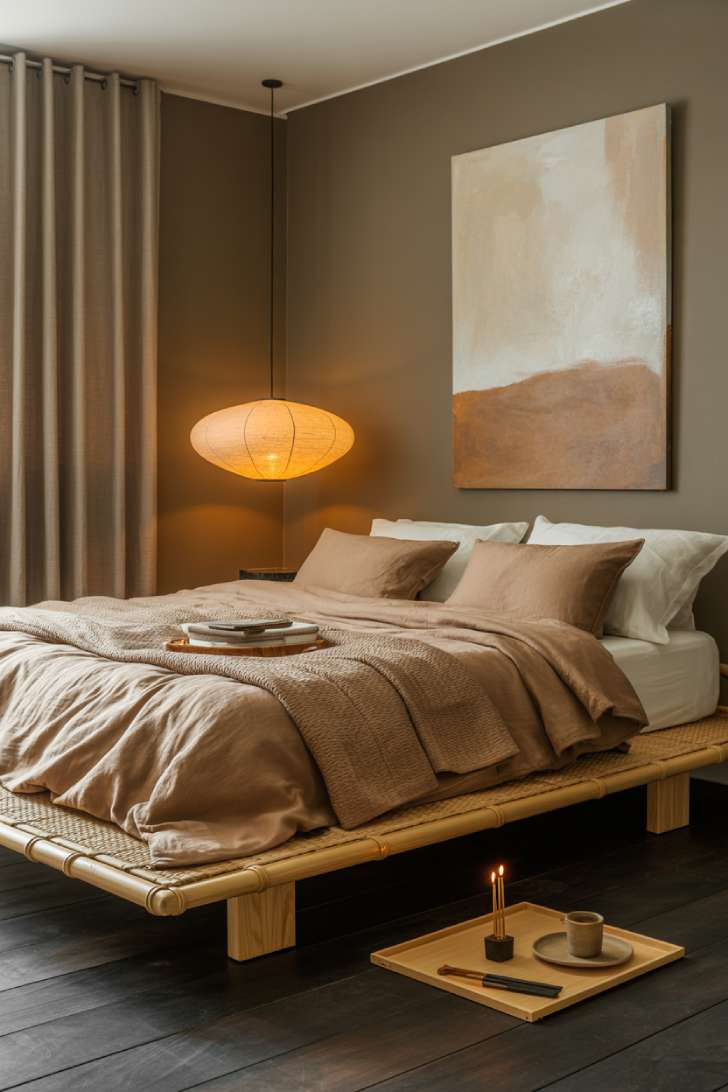 A low Japanese-influenced platform bed on a tatami-style base, warm putty-colored matte walls, a rice paper pendant lamp, and a large abstract painting in clay and sand tones
