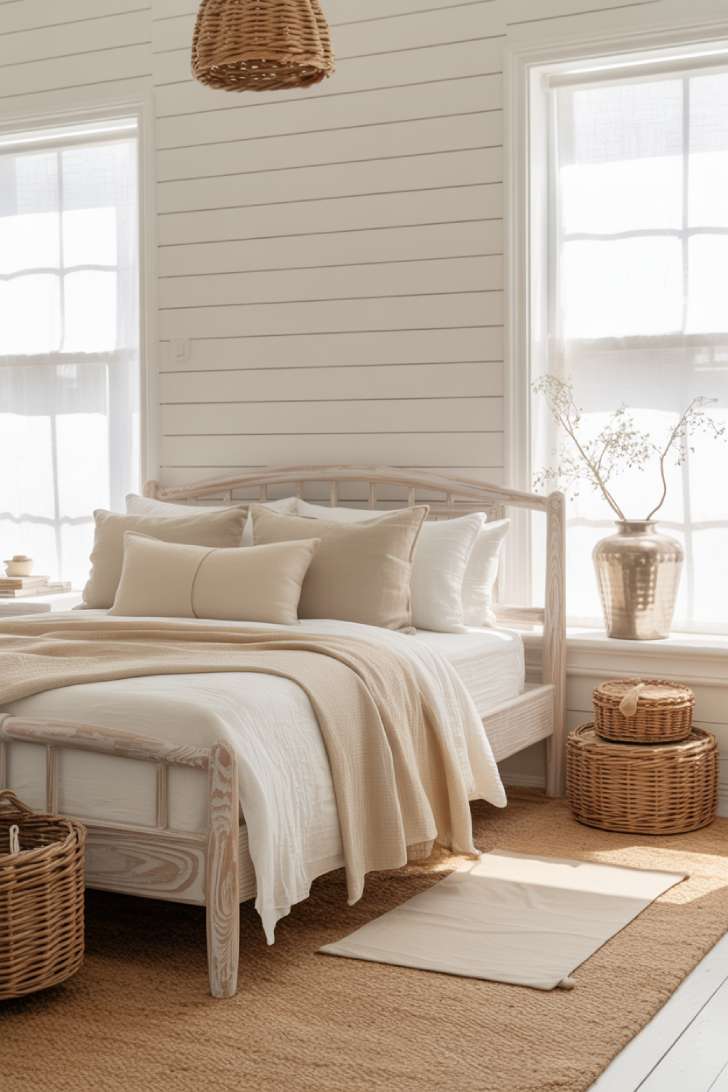 A bright airy coastal bedroom with a driftwood-look bed frame, crisp white cotton bedding with a waffle weave coverlet, shiplap walls in warm white, and natural sisal flooring