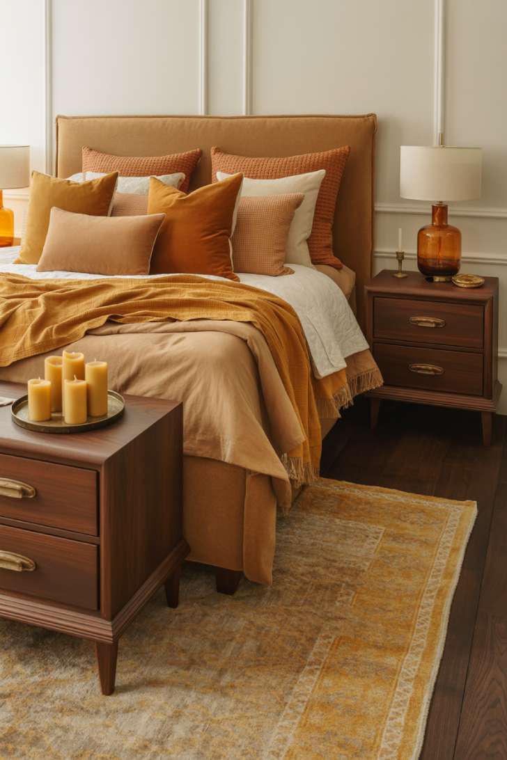 A king-sized bedroom with a cognac boucle headboard, amber and rust velvet throw pillows, dark walnut furniture, an espresso hardwood floor, and a Persian-style rug in muted gold