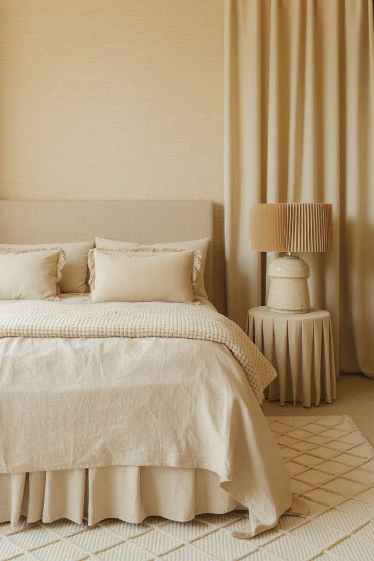 A texture-focused bedroom with grasscloth wallpaper, a jacquard coverlet, boucle throw, raw silk headboard, hand-tufted wool rug, and wall-to-wall linen curtains in warm cream
