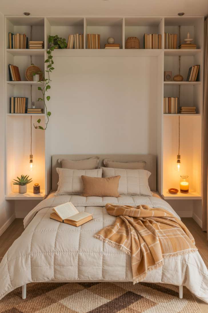 A petite apartment bedroom with a bed tucked into an alcove formed by flanking built-in bookshelves, white quilted duvet, pendant lights on long cords, and a warm glowing candle jar