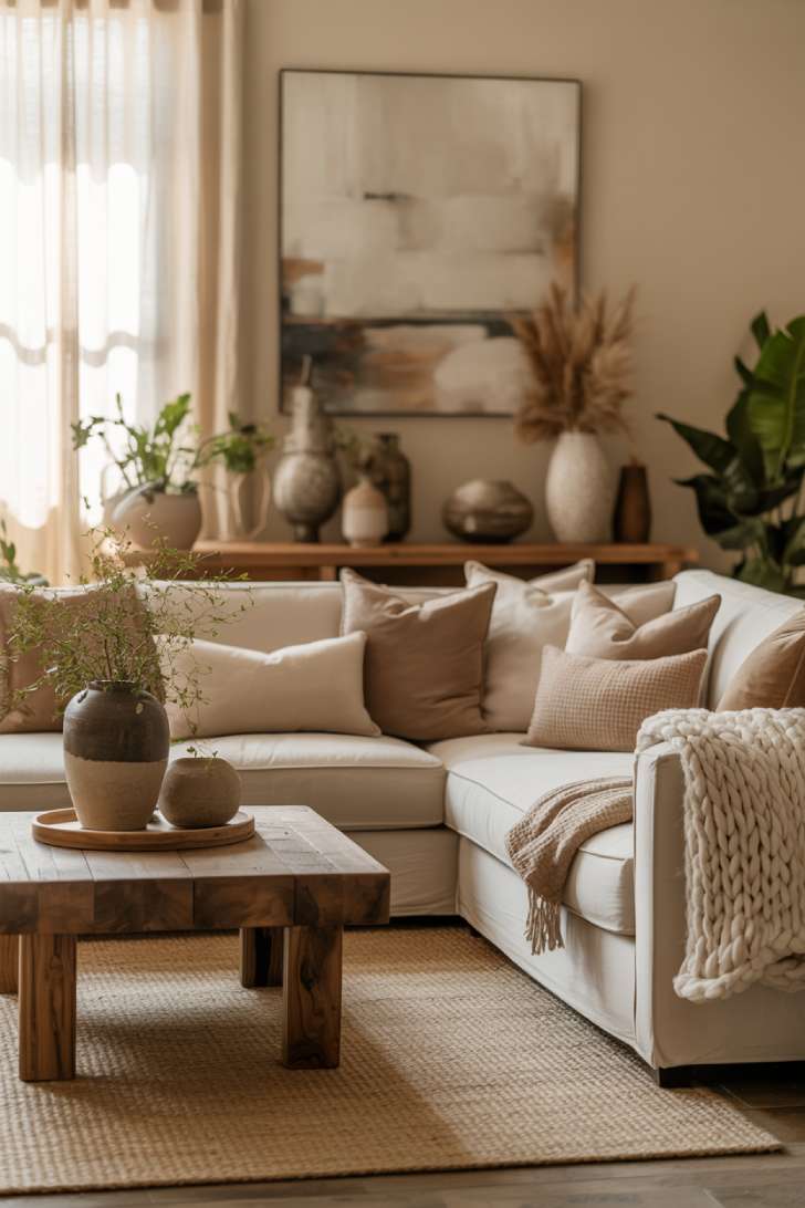 11 Cozy Neutral Living Room Decor Ideas for Warmth 1 A cream sectional sofa with beige throw pillows, rustic wood coffee table, jute rug, and potted plants in a warmly lit neutral living room