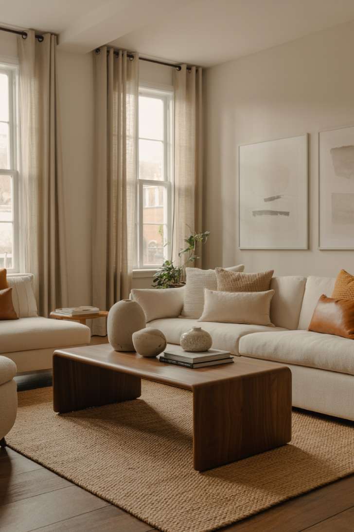 11 Cozy Neutral Living Room Decor Ideas for Warmth 2 A contemporary neutral living room with a cream sectional, walnut coffee table, tall linen curtains, hardwood floors, and minimalist abstract wall art