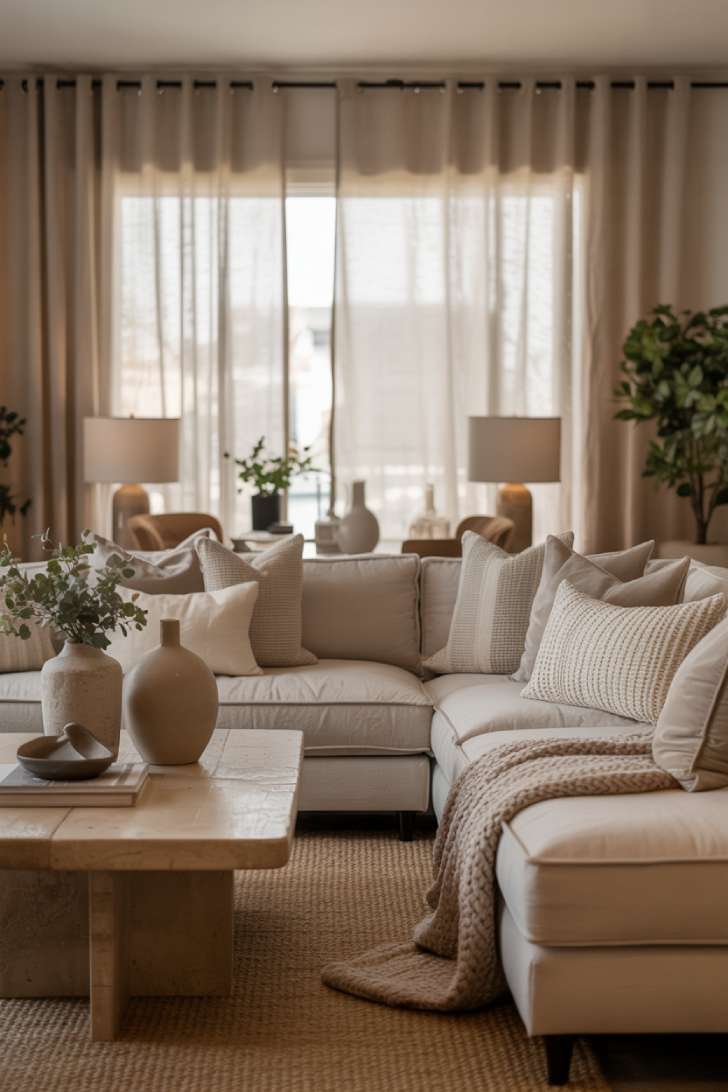 11 Cozy Neutral Living Room Decor Ideas for Warmth 3 A cozy neutral living room with a sectional sofa, chunky knit blanket, natural wood coffee table, floor-to-ceiling windows, and linen curtains
