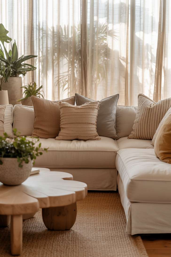 11 Cozy Neutral Living Room Decor Ideas for Warmth 4 A neutral living room with a cream sectional, curved wood coffee table, layered jute rugs, ceramic plant pots, and soft natural light through sheer curtains