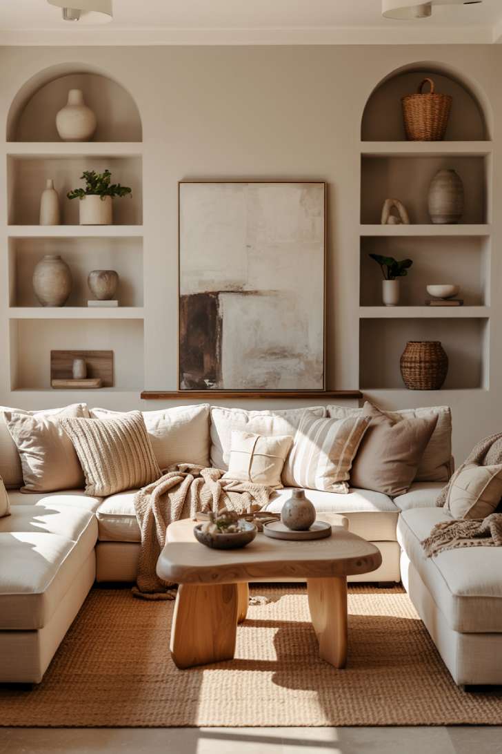 11 Cozy Neutral Living Room Decor Ideas for Warmth 5 A neutral living room with built-in shelving displaying ceramic vases, woven baskets, small plants, a large abstract painting, and a plush sectional with jute rug