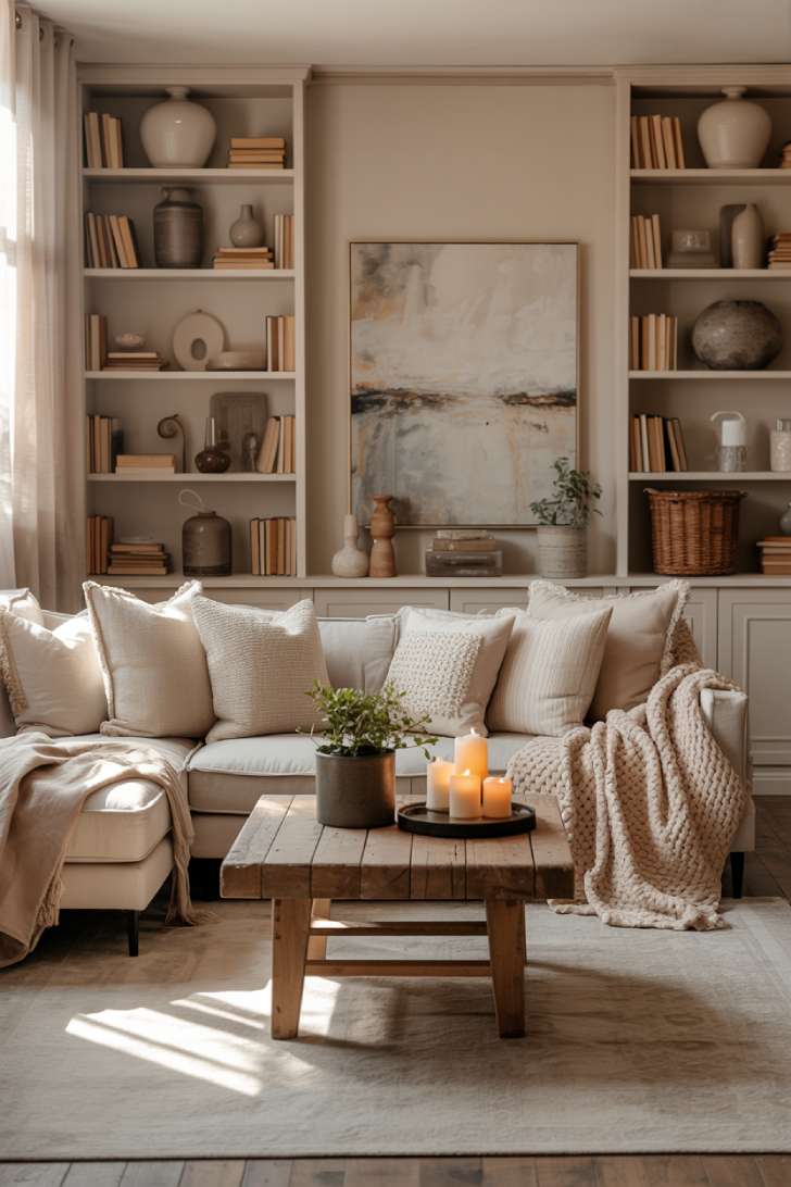 11 Cozy Neutral Living Room Decor Ideas for Warmth 6 A neutral living room with a rustic wood coffee table styled with candles and a small plant, built-in shelving in the background, and a sectional sofa with chunky throw