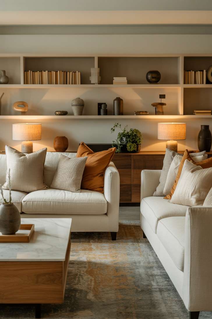 11 Cozy Neutral Living Room Decor Ideas for Warmth 7 A neutral living room with a cream sectional, linen lampshades, warm amber ambient lighting, built-in shelving, and natural light from sheer curtains