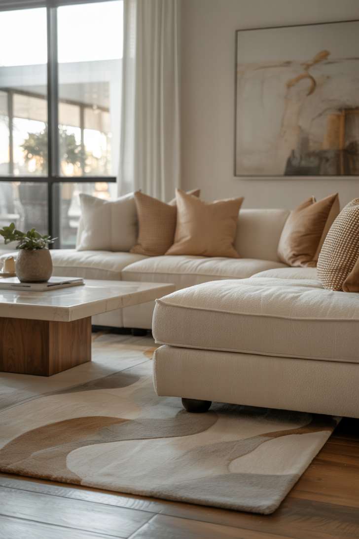 11 Cozy Neutral Living Room Decor Ideas for Warmth 8 A neutral living room with floor-to-ceiling windows, soft natural light, cream sectional, geometric ivory area rug, large earth-toned abstract artwork, and potted plants