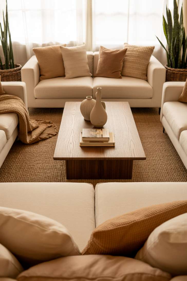 11 Cozy Neutral Living Room Decor Ideas for Warmth 10 A neutral living room with a cream sectional, chunky knit throw, walnut coffee table with ceramic vases and books, tall potted plants in woven baskets, and sheer white curtains