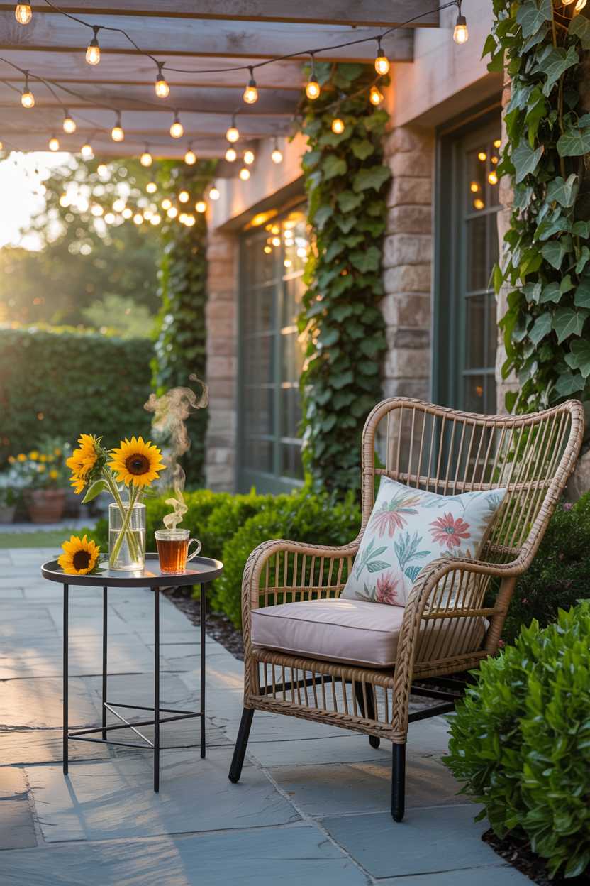 25 Cozy Patio Ideas to Create a Warm, Inviting Outdoor Space 1 Comfortable wicker chair with floral cushions beside small table with sunflowers and tea cup on flagstone patio