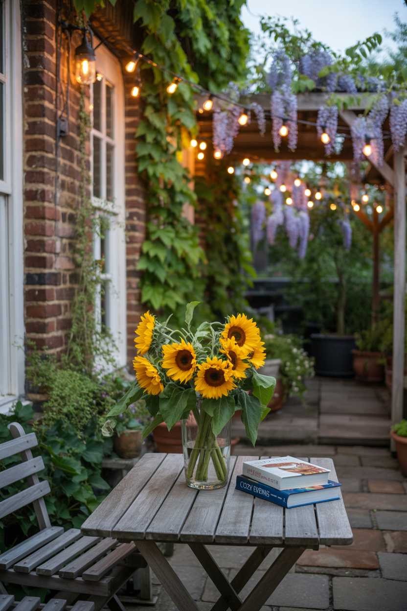 25 Cozy Patio Ideas to Create a Warm, Inviting Outdoor Space 2 Weathered wooden table with sunflower bouquet and book stack on stone tile patio with ivy-covered walls