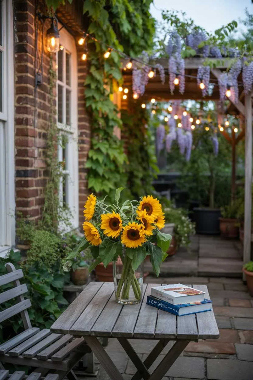 25 Cozy Patio Ideas to Create a Warm, Inviting Outdoor Space 2 Weathered wooden table with sunflower bouquet and book stack on stone tile patio with ivy-covered walls
