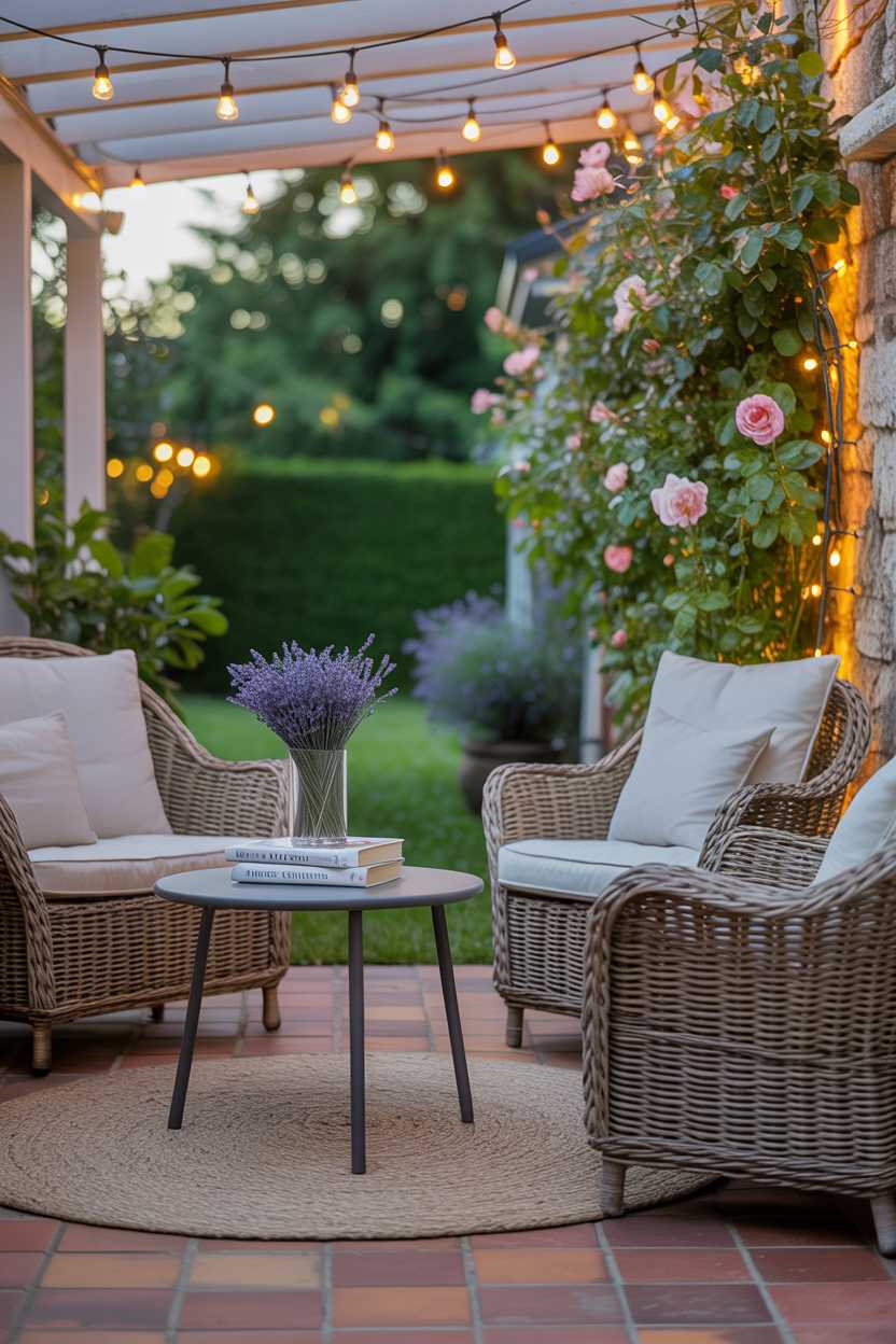 25 Cozy Patio Ideas to Create a Warm, Inviting Outdoor Space 3 Wicker furniture on terracotta tiles with lavender vase and books, surrounded by climbing roses