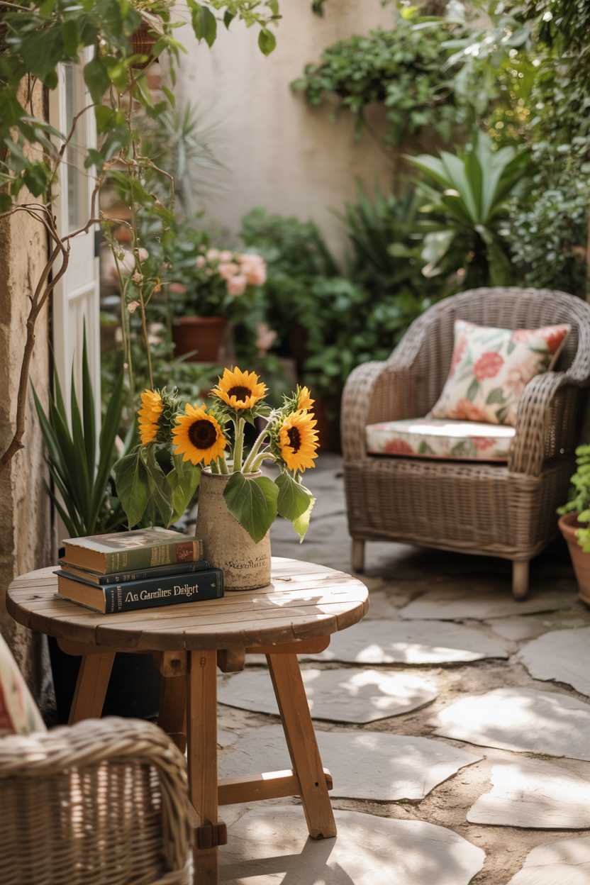 25 Cozy Patio Ideas to Create a Warm, Inviting Outdoor Space 4 Rustic wooden table with sunflowers and vintage books on textured stone pathway leading to wicker chair