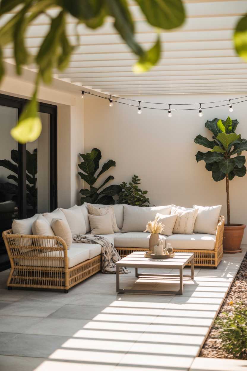 25 Cozy Patio Ideas to Create a Warm, Inviting Outdoor Space 5 Rattan sectional sofa with cream cushions around modern coffee table, fiddle-leaf fig tree on grey stone tiles
