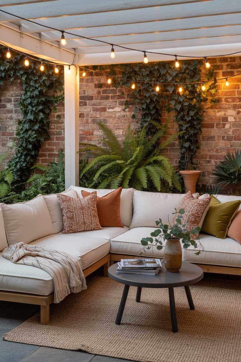 25 Cozy Patio Ideas to Create a Warm, Inviting Outdoor Space 6 Cream sectional sofa on jute rug with terracotta and olive throw pillows, eucalyptus arrangement on brick wall background