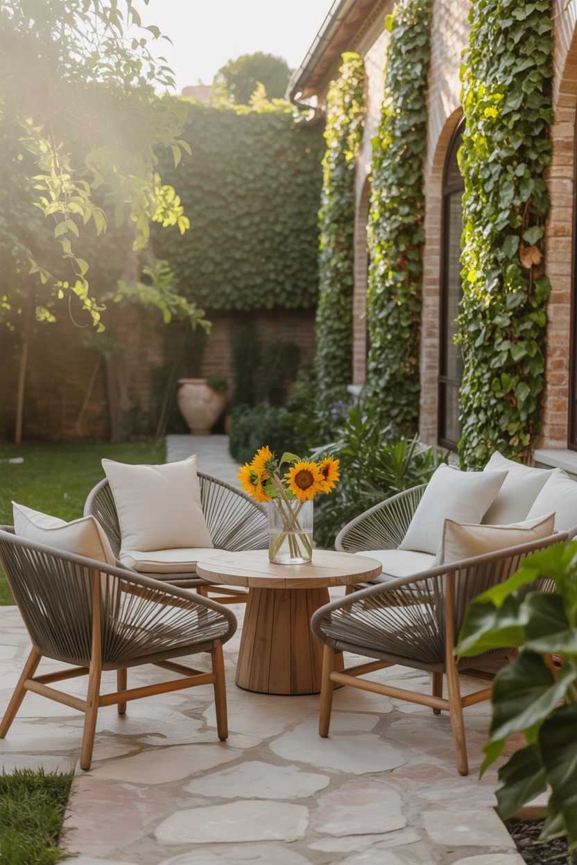 25 Cozy Patio Ideas to Create a Warm, Inviting Outdoor Space 7 Woven chairs around circular wooden table with sunflowers on stone pathway with ivy backdrop