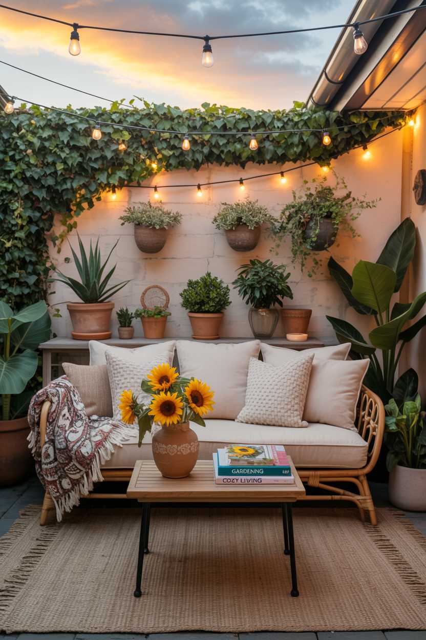 25 Cozy Patio Ideas to Create a Warm, Inviting Outdoor Space 8 Rattan sofa with cream cushions and patterned throw, wooden table with sunflowers and book stack, ivy-covered stone wall