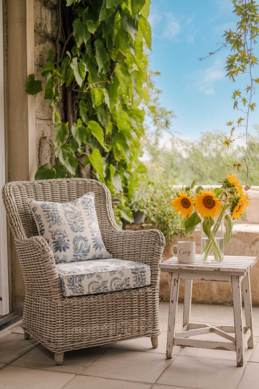 25 Cozy Patio Ideas to Create a Warm, Inviting Outdoor Space 9 Wicker armchair with blue and white patterned cushions on stone tiles, sunflowers in ceramic mug