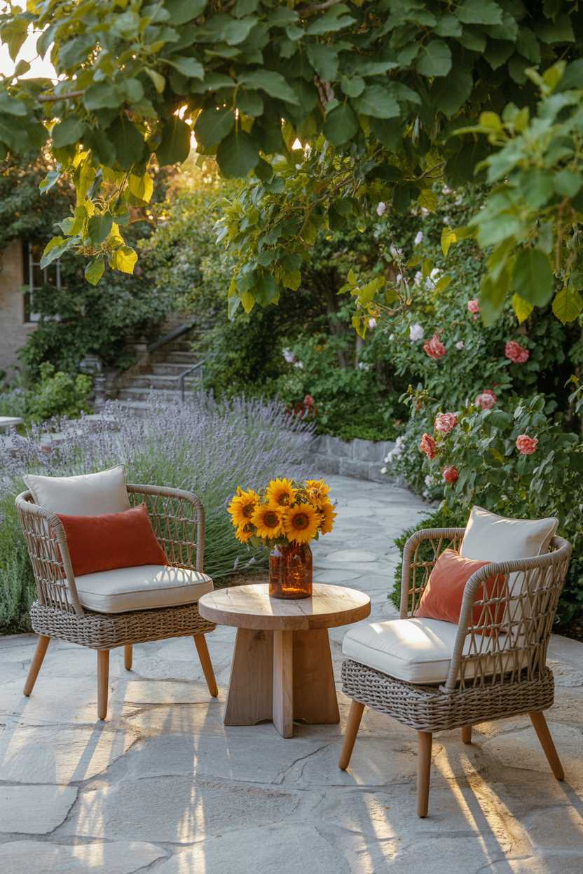 25 Cozy Patio Ideas to Create a Warm, Inviting Outdoor Space 10 Rustic wooden table with sunflower bouquet between woven rattan chairs, lavender bushes and climbing roses in background