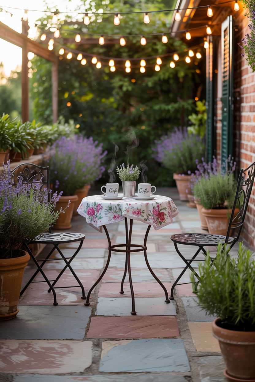 25 Cozy Patio Ideas to Create a Warm, Inviting Outdoor Space 11 Circular wrought-iron table with floral tablecloth and steaming mugs, potted lavender and rosemary border on flagstone