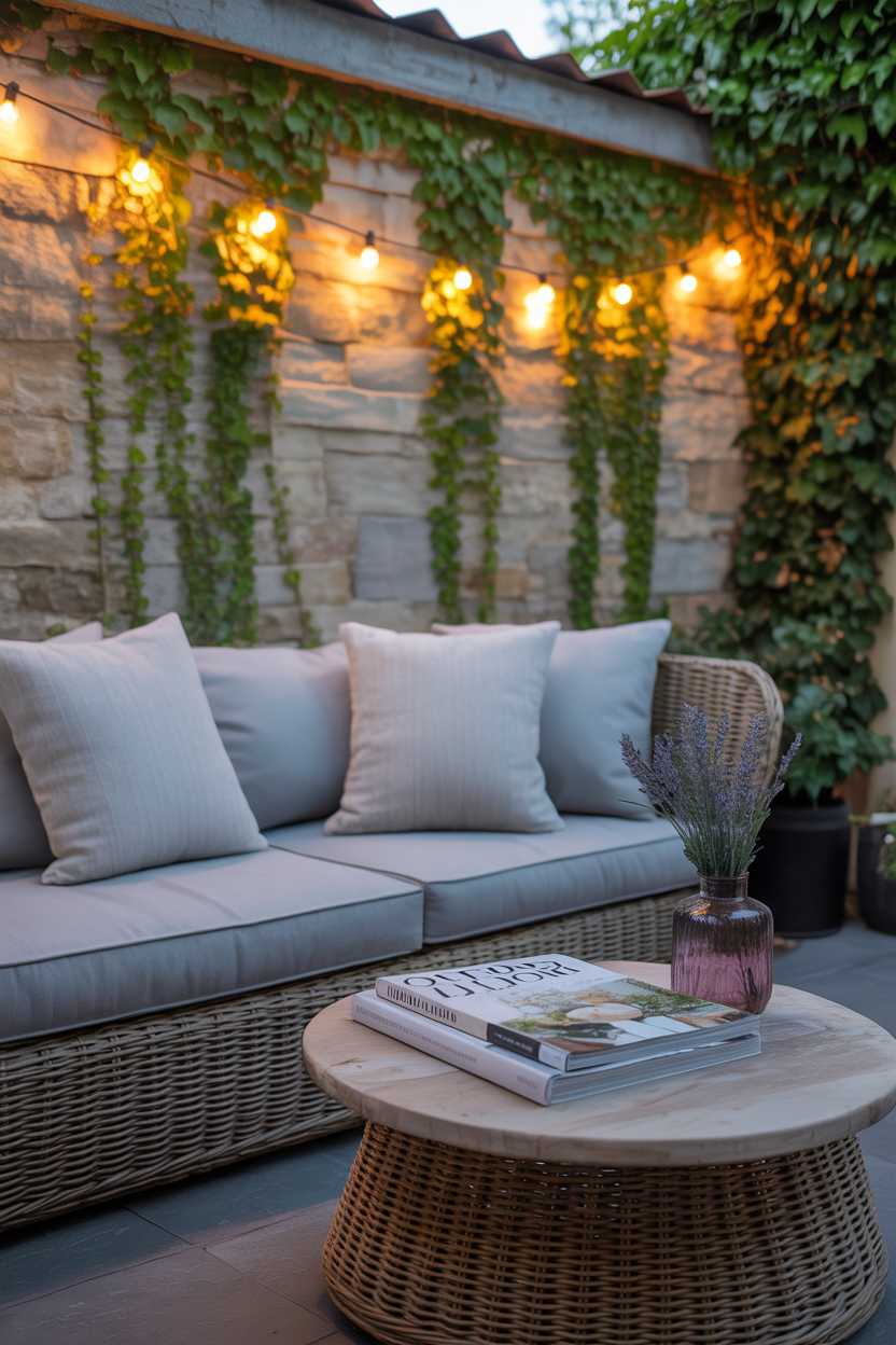 25 Cozy Patio Ideas to Create a Warm, Inviting Outdoor Space 12 Wicker sofa with grey cushions, round wooden table with lavender sprigs and design magazines, ivy-covered stone wall