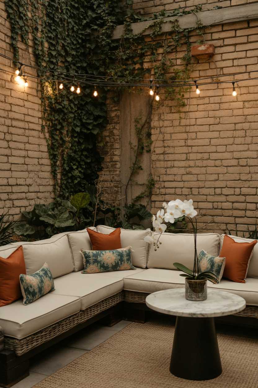 25 Cozy Patio Ideas to Create a Warm, Inviting Outdoor Space 13 Cream sectional sofa with teal and burnt orange throw pillows on woven rug, marble-top table with white orchids