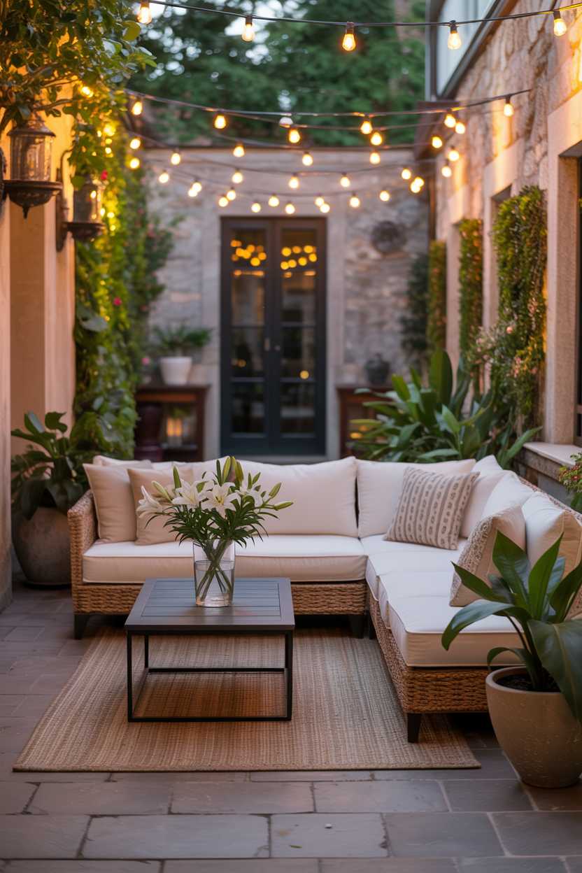 25 Cozy Patio Ideas to Create a Warm, Inviting Outdoor Space 14 Cream sectional sofa with patterned throw pillows on woven rug, dark wood coffee table with white lilies