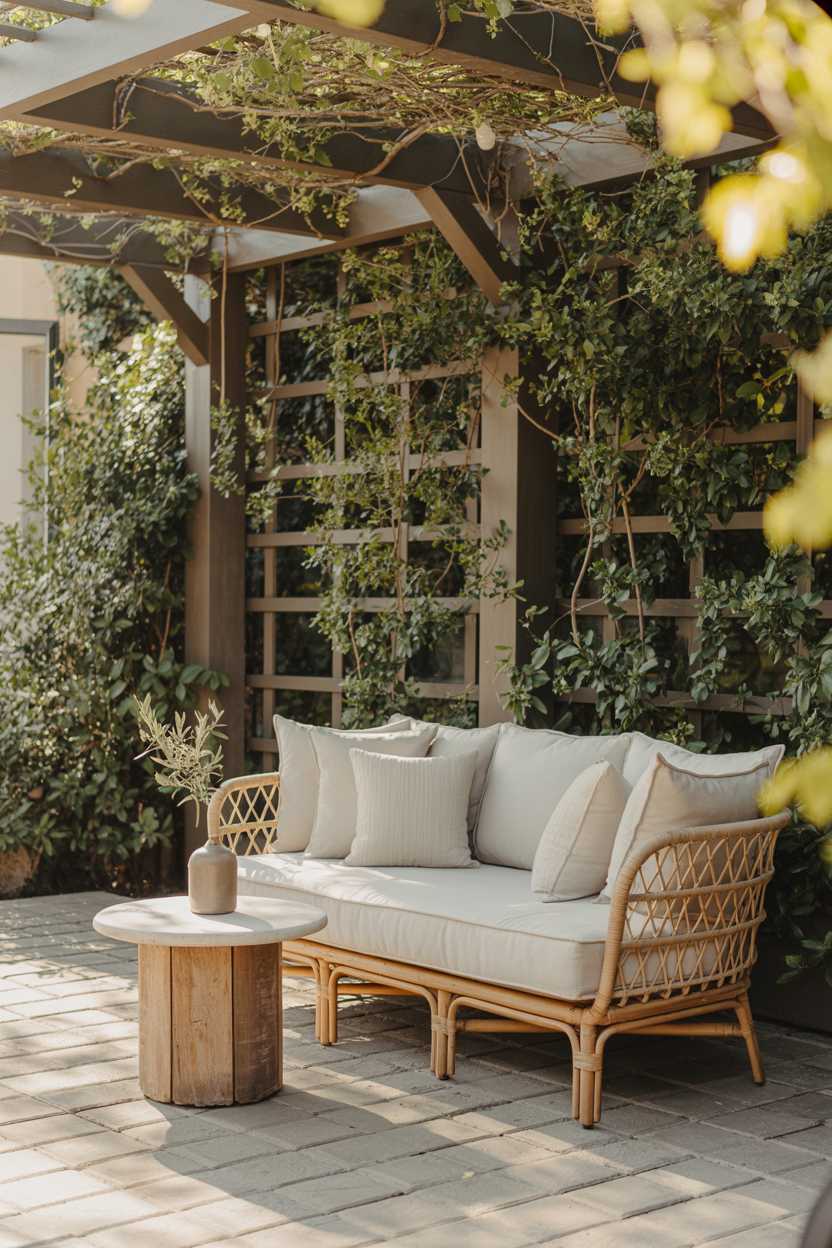 25 Cozy Patio Ideas to Create a Warm, Inviting Outdoor Space 15 Rattan sofa with cream cushions, reclaimed wood side table with olive branch vase, grey stone tiles under jasmine pergola