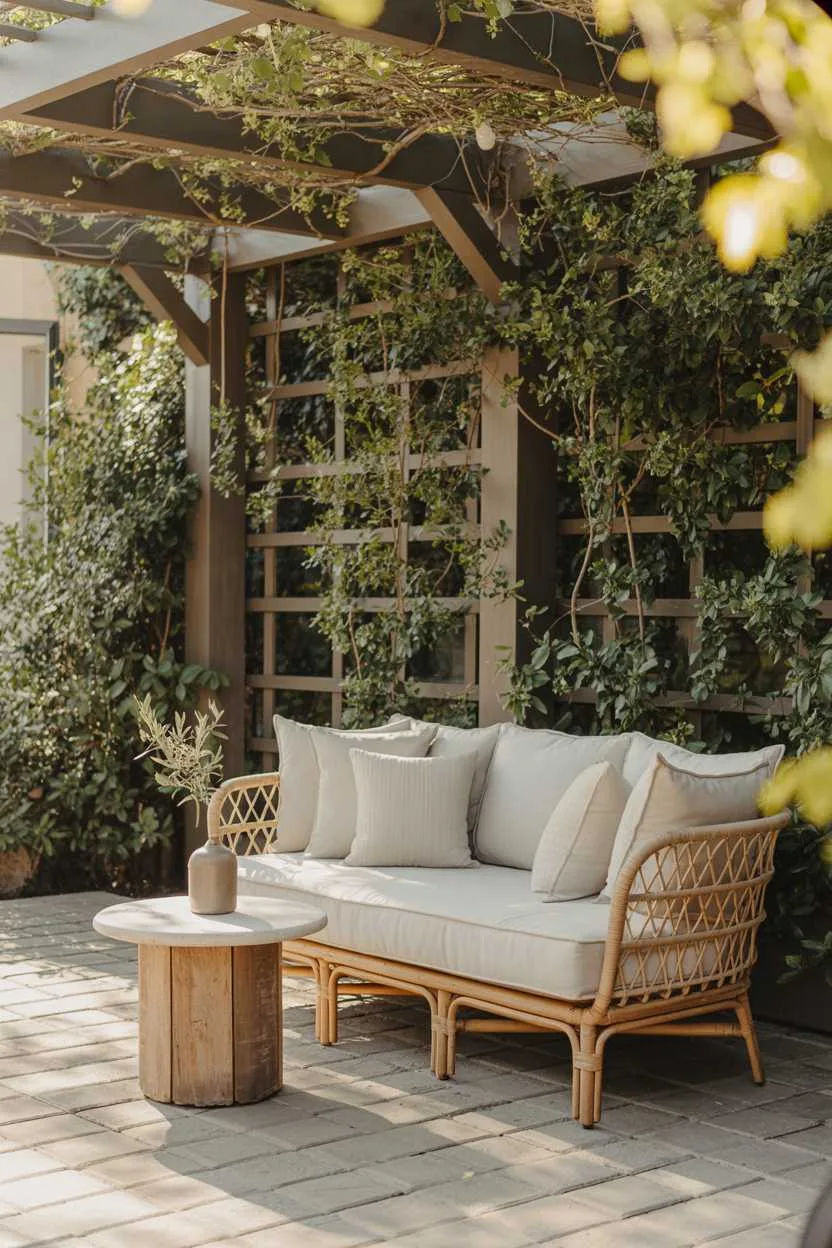 25 Cozy Patio Ideas to Create a Warm, Inviting Outdoor Space 15 Rattan sofa with cream cushions, reclaimed wood side table with olive branch vase, grey stone tiles under jasmine pergola
