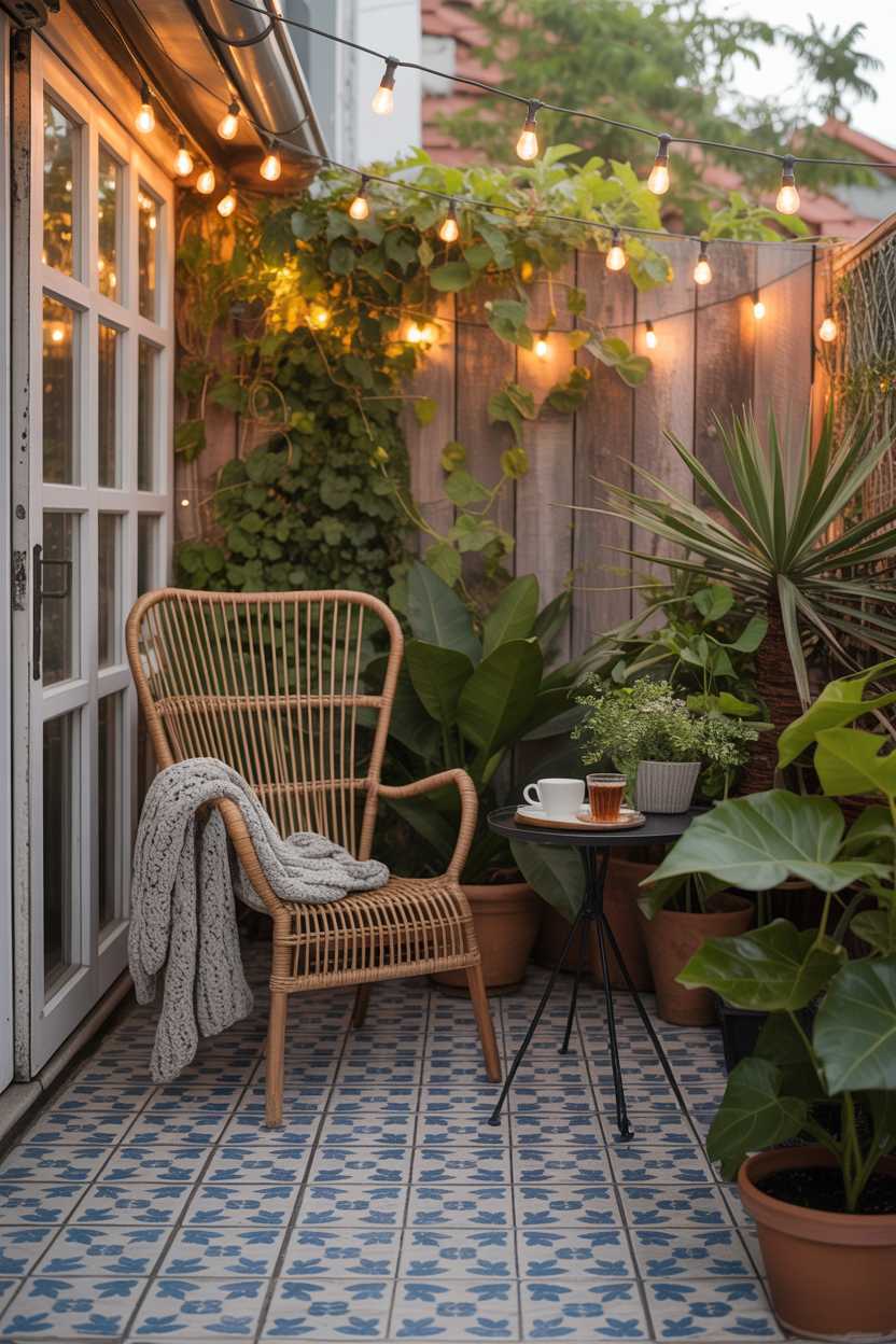 25 Cozy Patio Ideas to Create a Warm, Inviting Outdoor Space 16 Wicker chair with knitted blanket on blue and white patterned tiles, tea cup on side table with climbing vines