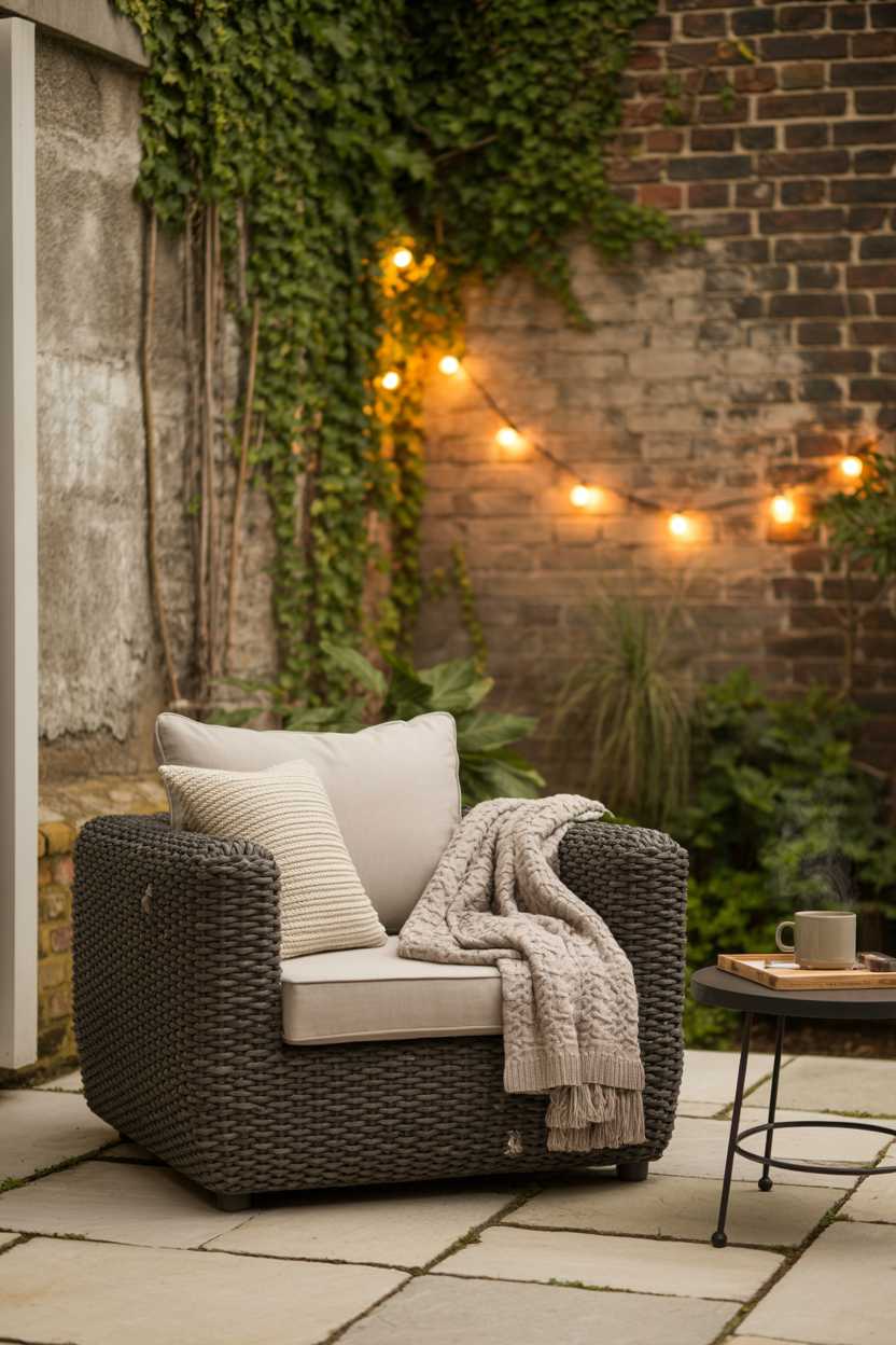 25 Cozy Patio Ideas to Create a Warm, Inviting Outdoor Space 17 Deep charcoal grey woven armchair with cream cushions and knitted throw, steaming mug on side table
