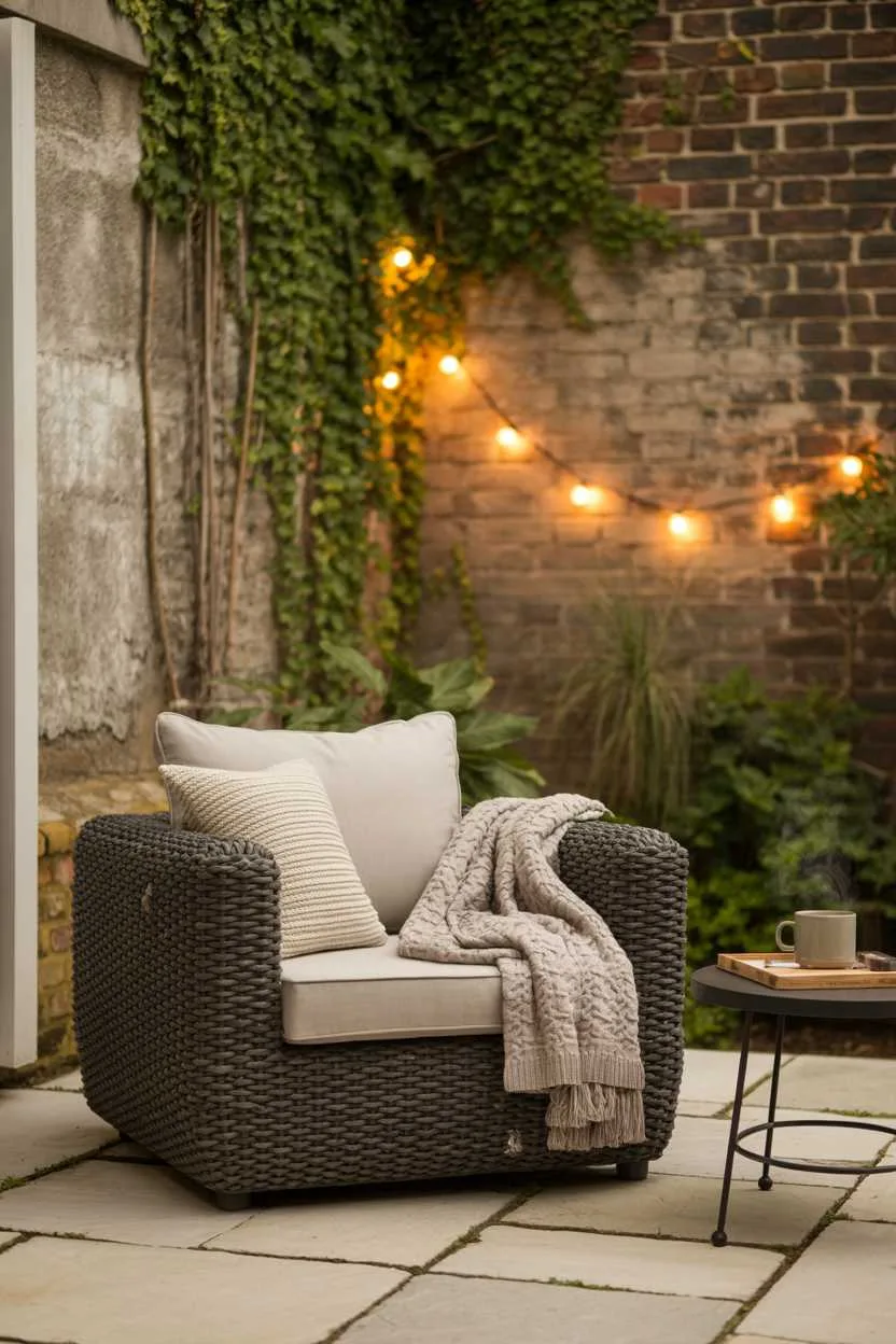 25 Cozy Patio Ideas to Create a Warm, Inviting Outdoor Space 17 Deep charcoal grey woven armchair with cream cushions and knitted throw, steaming mug on side table