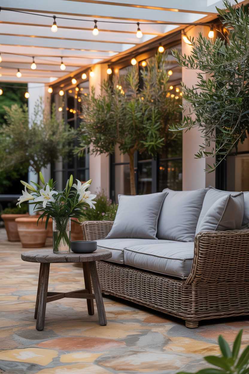 25 Cozy Patio Ideas to Create a Warm, Inviting Outdoor Space 18 Wicker sofa with grey cushions, rustic wooden table with white lily bouquet, potted olive trees under string lights