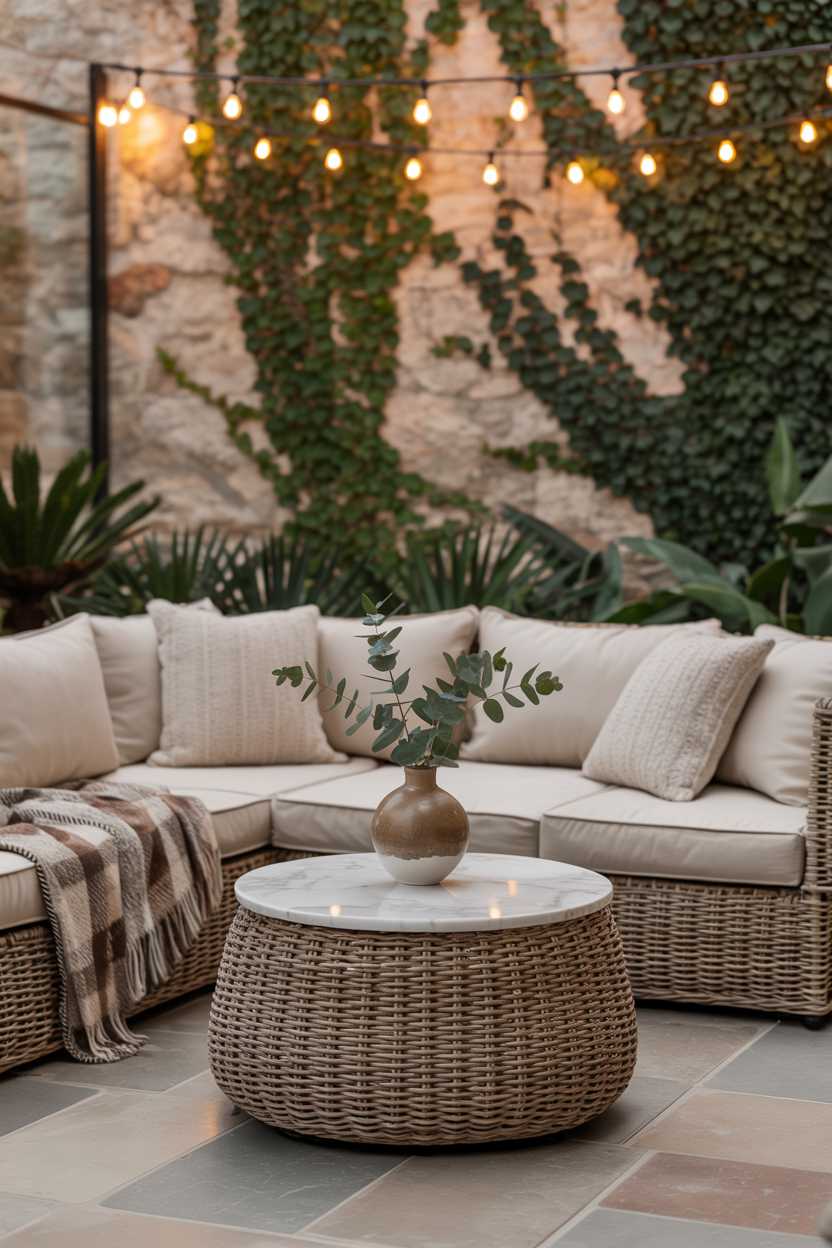 25 Cozy Patio Ideas to Create a Warm, Inviting Outdoor Space 19 Beige sectional sofa with patterned throw on marble coffee table with eucalyptus, ivy-covered stone wall backdrop